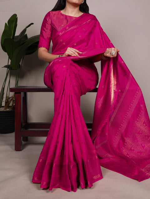 Pink Premium Roop Silk Saree with Zari Weaving Work & Unstitched Blouse – 5.5 Meter Traditional Silk Saree ClothsVilla Main image