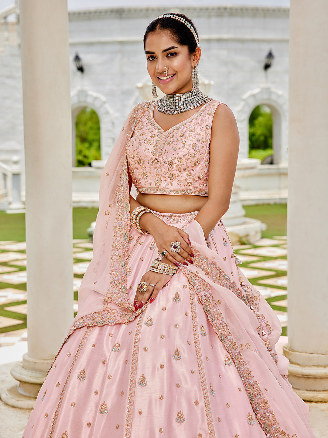Pink Premium Silk Lehenga Choli with Viscose Organza Dupatta – Sequins, Coding & Thread Embroidery ClothsVilla