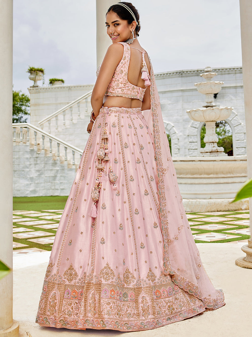Pink Premium Silk Lehenga Choli with Viscose Organza Dupatta – Sequins, Coding & Thread Embroidery ClothsVilla