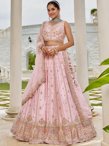 Pink Premium Silk Lehenga Choli with Viscose Organza Dupatta – Sequins, Coding & Thread Embroidery ClothsVilla