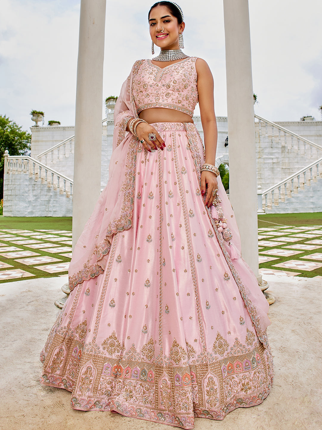 Pink Premium Silk Lehenga Choli with Viscose Organza Dupatta – Sequins, Coding & Thread Embroidery ClothsVilla Main image
