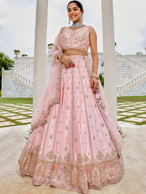 Pink Premium Silk Lehenga Choli with Viscose Organza Dupatta – Sequins, Coding & Thread Embroidery ClothsVilla Main image