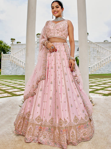 Pink Premium Silk Lehenga Choli with Viscose Organza Dupatta – Sequins, Coding & Thread Embroidery ClothsVilla