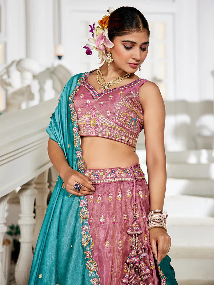 Pink Premium Tissue Sequin Embroidered Lehenga Choli Set with Ethnic Cutwork Dupatta & Handmade Tassels ClothsVilla