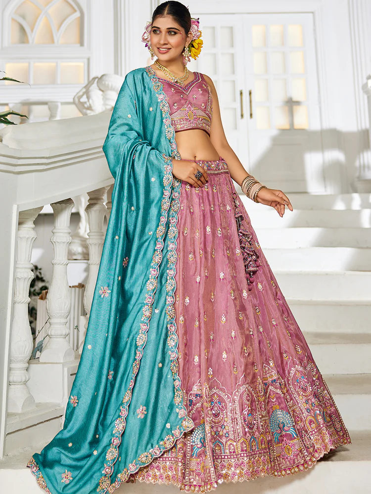 Pink Premium Tissue Sequin Embroidered Lehenga Choli Set with Ethnic Cutwork Dupatta & Handmade Tassels ClothsVilla