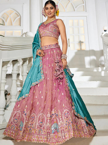 Pink Premium Tissue Sequin Embroidered Lehenga Choli Set with Ethnic Cutwork Dupatta & Handmade Tassels ClothsVilla