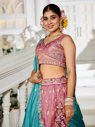 Pink Premium Tissue Sequin Embroidered Lehenga Choli Set with Ethnic Cutwork Dupatta & Handmade Tassels ClothsVilla