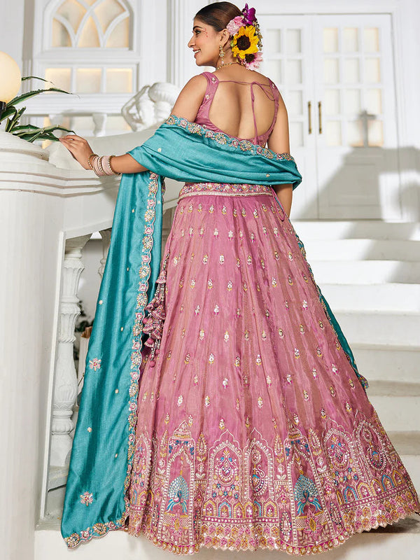 Pink Premium Tissue Sequin Embroidered Lehenga Choli Set with Ethnic Cutwork Dupatta & Handmade Tassels ClothsVilla