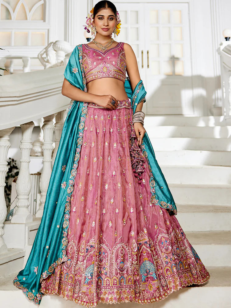 Pink Premium Tissue Sequin Embroidered Lehenga Choli Set with Ethnic Cutwork Dupatta & Handmade Tassels ClothsVilla