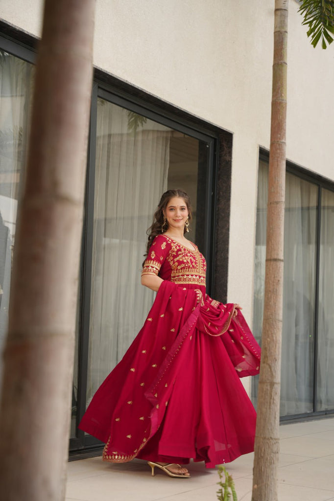 Pink Premium Vichitra Silk Gown with Sequins & Zari Embroidery ClothsVilla