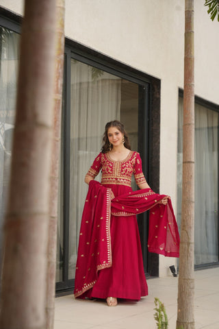 Pink Premium Vichitra Silk Gown with Sequins & Zari Embroidery ClothsVilla