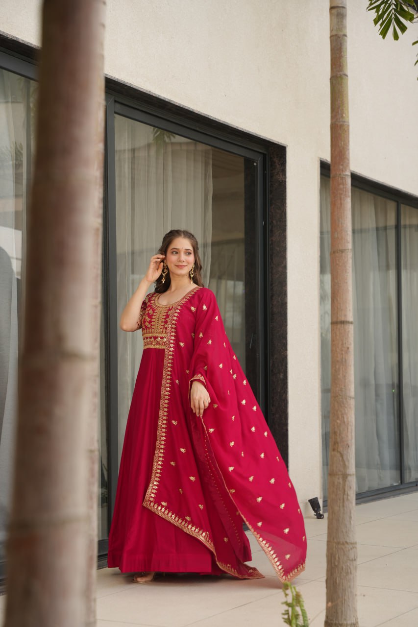 Pink Premium Vichitra Silk Gown with Sequins & Zari Embroidery ClothsVilla