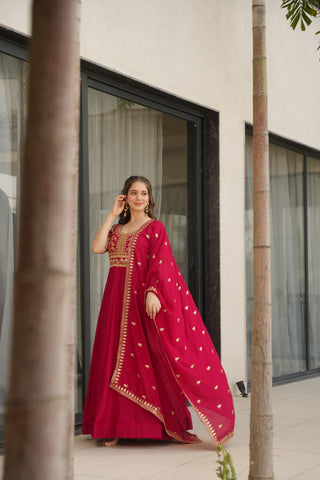 Pink Premium Vichitra Silk Gown with Sequins & Zari Embroidery ClothsVilla