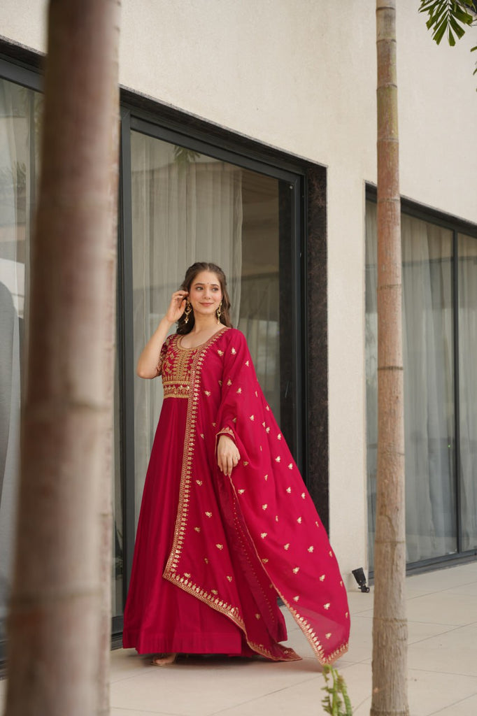 Pink Premium Vichitra Silk Gown with Sequins & Zari Embroidery ClothsVilla