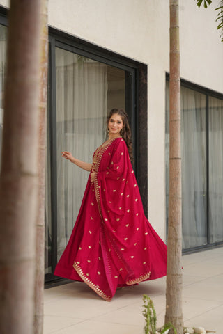 Pink Premium Vichitra Silk Gown with Sequins & Zari Embroidery ClothsVilla