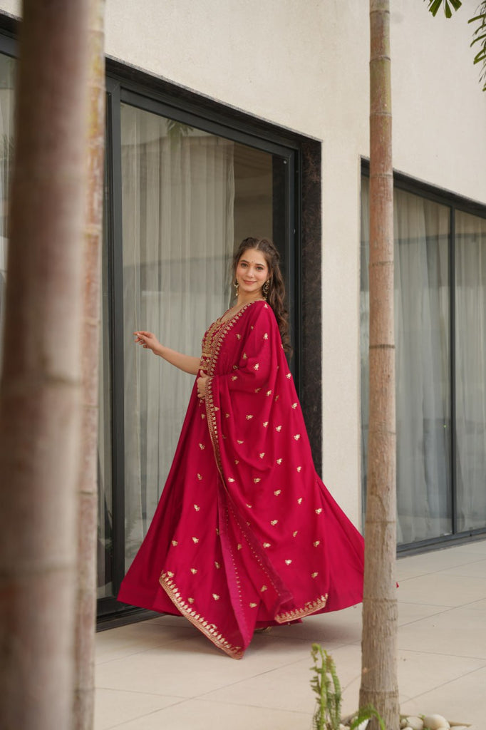 Pink Premium Vichitra Silk Gown with Sequins & Zari Embroidery ClothsVilla
