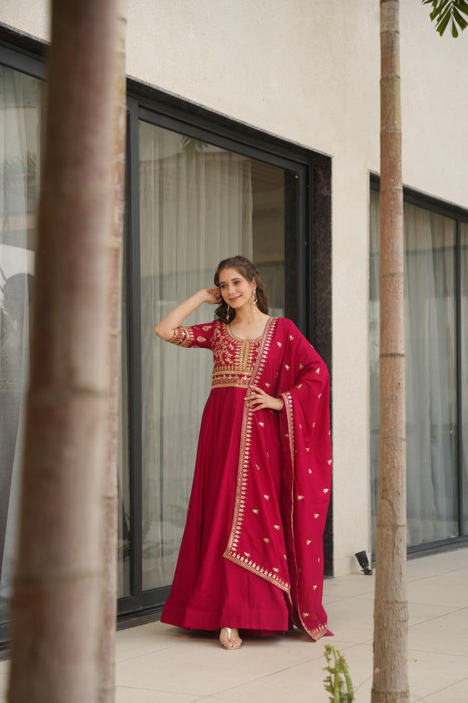 Pink Premium Vichitra Silk Gown with Sequins & Zari Embroidery ClothsVilla