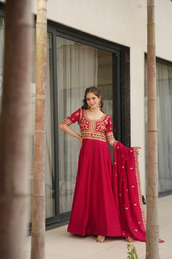 Pink Premium Vichitra Silk Gown with Sequins & Zari Embroidery ClothsVilla
