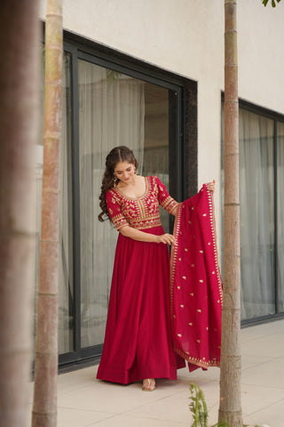 Pink Premium Vichitra Silk Gown with Sequins & Zari Embroidery ClothsVilla