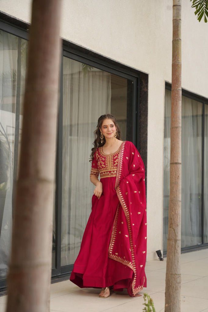 Pink Premium Vichitra Silk Gown with Sequins & Zari Embroidery ClothsVilla