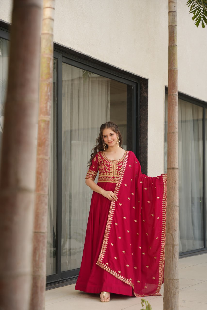 Pink Premium Vichitra Silk Gown with Sequins & Zari Embroidery ClothsVilla