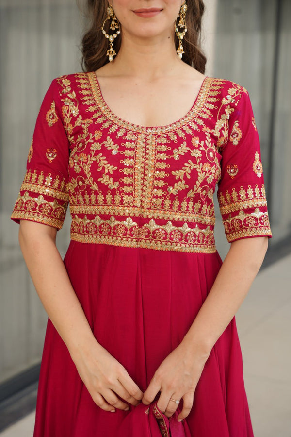 Pink Premium Vichitra Silk Gown with Sequins & Zari Embroidery ClothsVilla