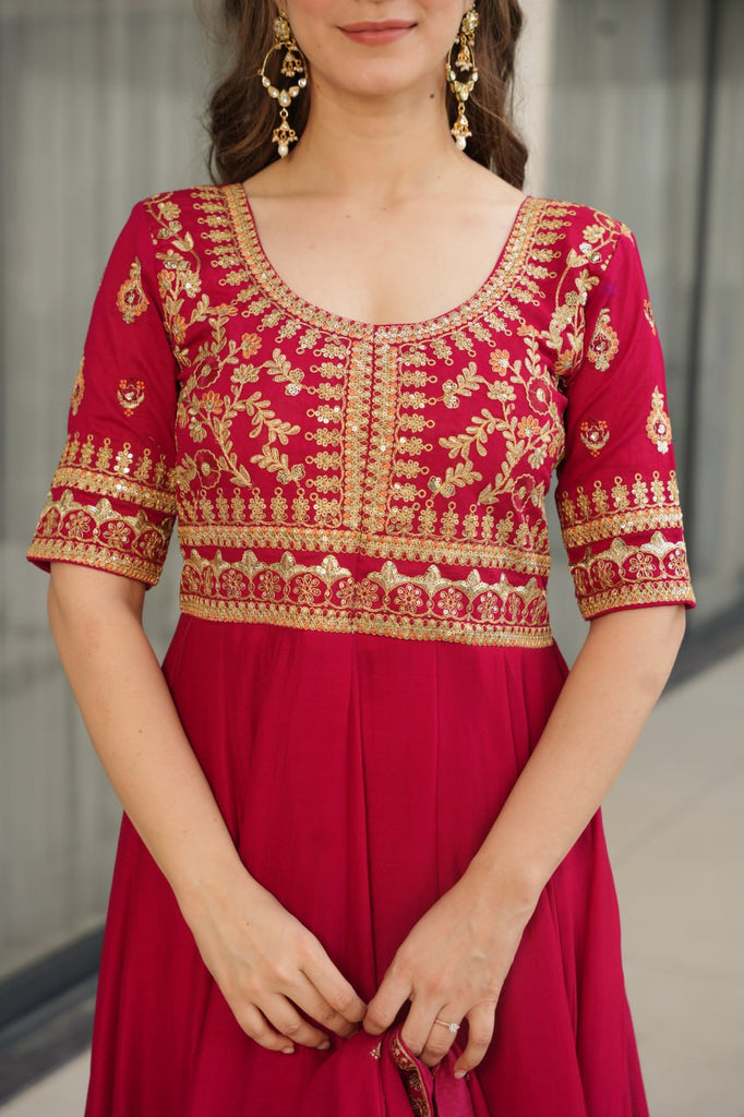 Pink Premium Vichitra Silk Gown with Sequins & Zari Embroidery ClothsVilla