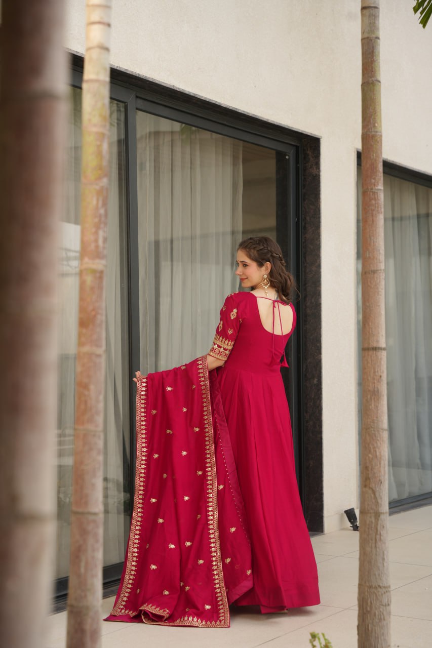 Pink Premium Vichitra Silk Gown with Sequins & Zari Embroidery ClothsVilla
