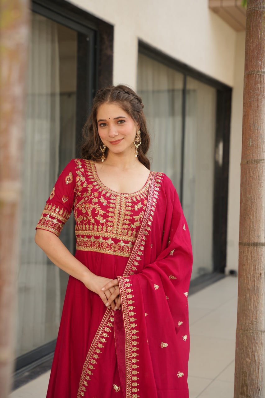 Pink Premium Vichitra Silk Gown with Sequins & Zari Embroidery ClothsVilla
