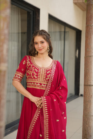 Pink Premium Vichitra Silk Gown with Sequins & Zari Embroidery ClothsVilla