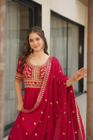 Pink Premium Vichitra Silk Gown with Sequins & Zari Embroidery ClothsVilla