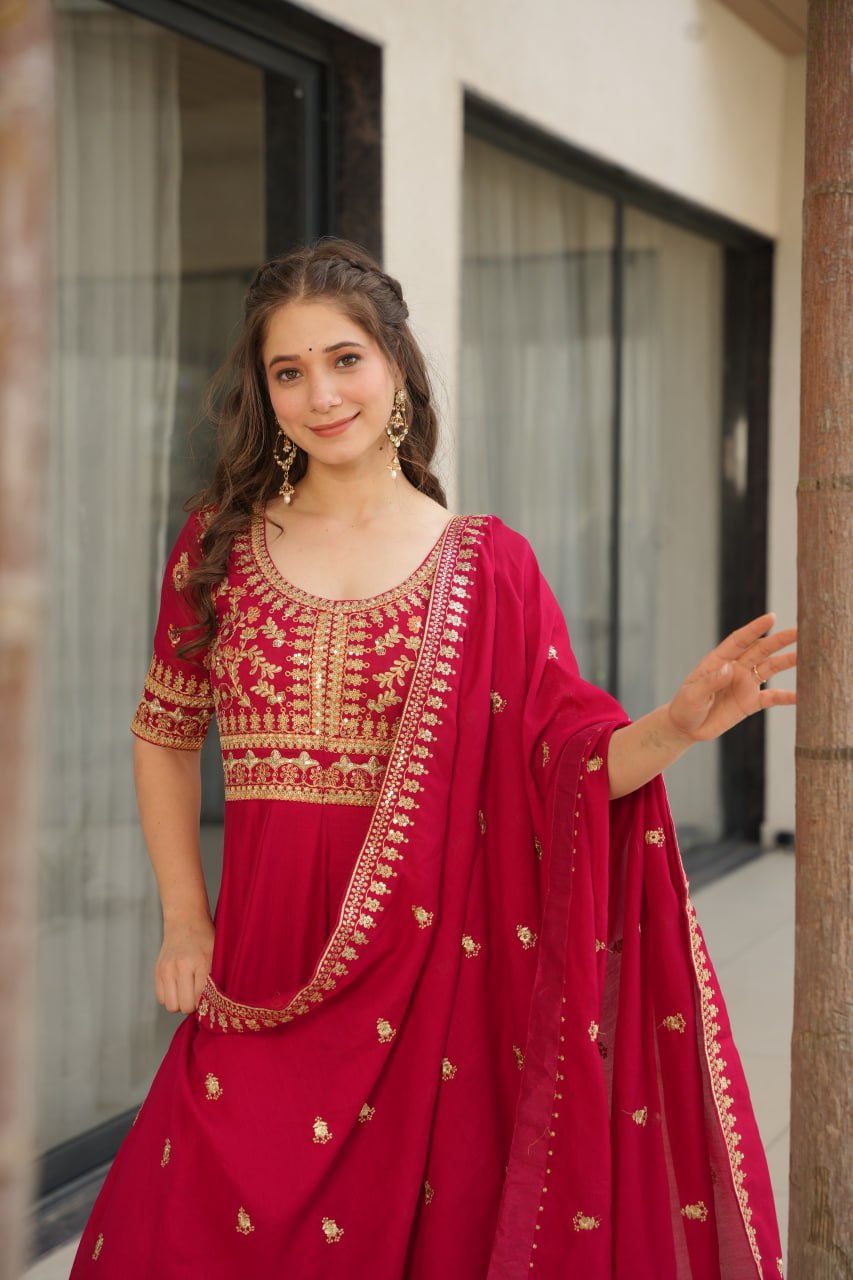 Pink Premium Vichitra Silk Gown with Sequins & Zari Embroidery ClothsVilla