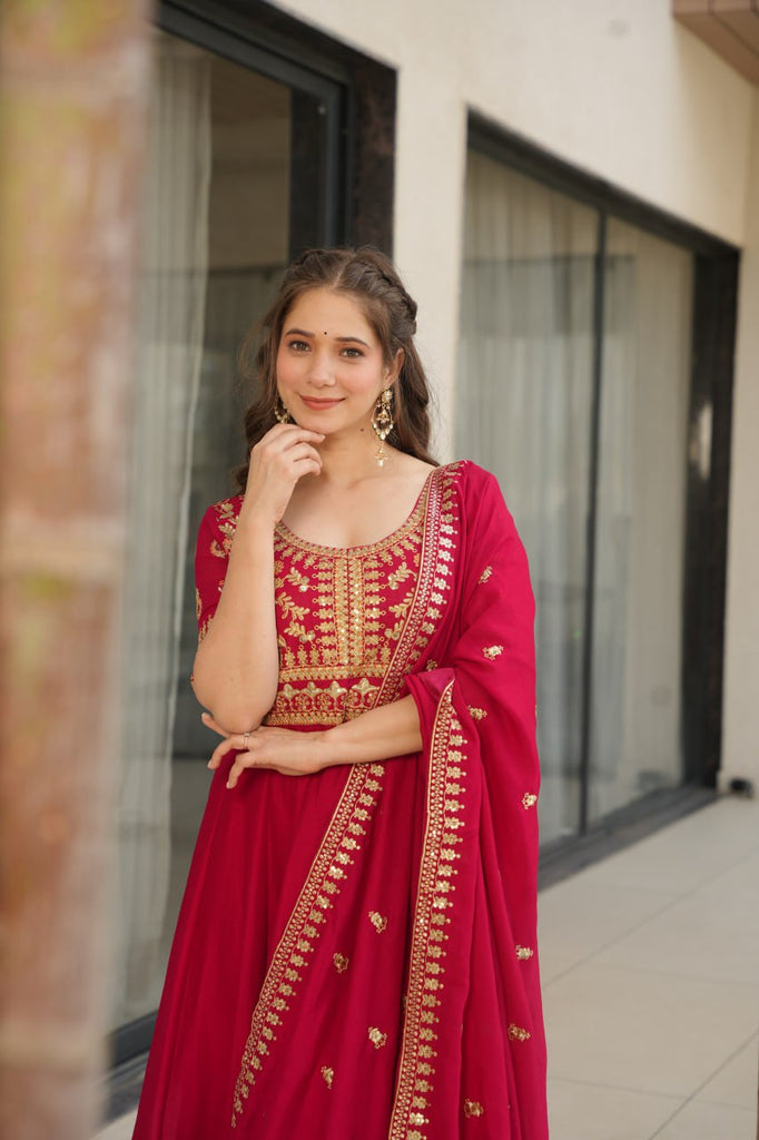 Pink Premium Vichitra Silk Gown with Sequins & Zari Embroidery ClothsVilla