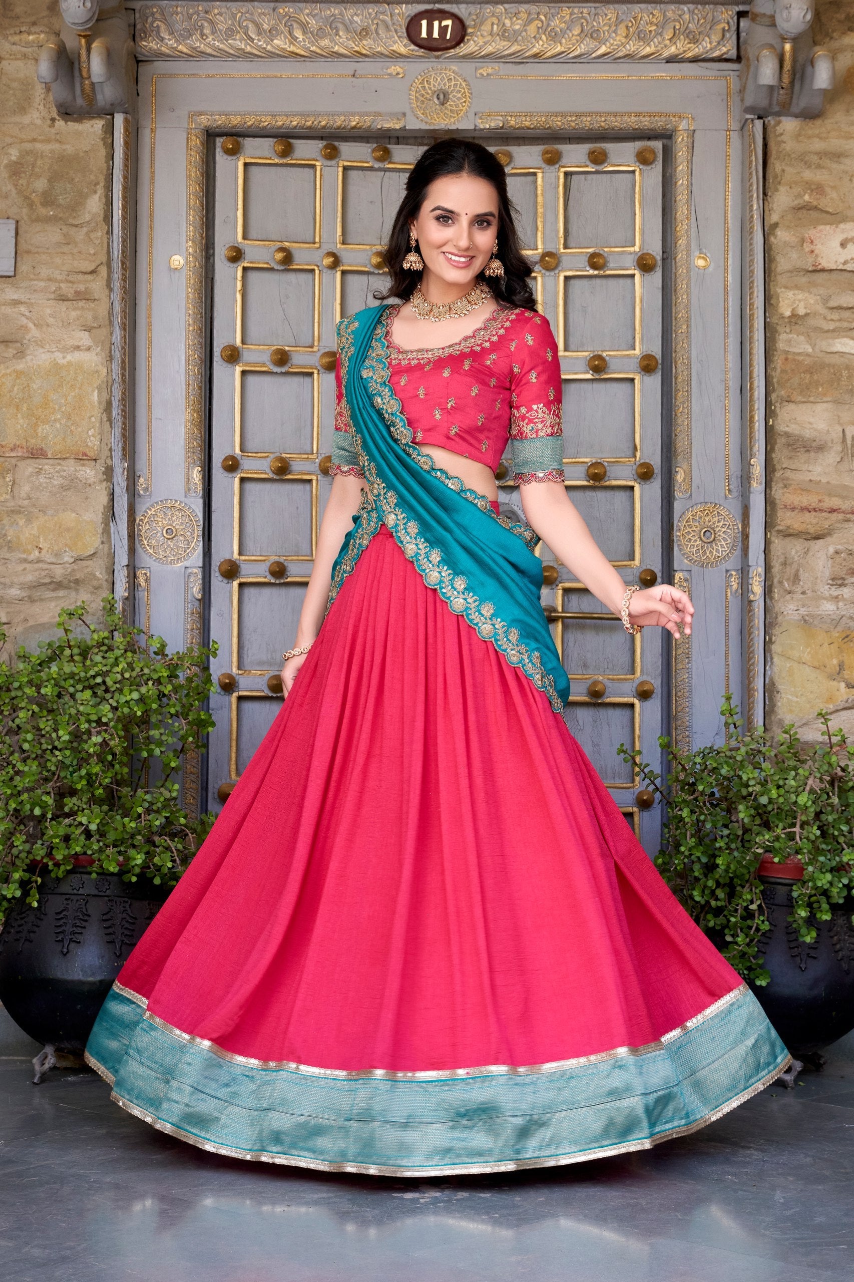 Pink Premium Vichitra Silk Lehenga Set with Zari & Sequin Detailing – 3-Piece Ensemble Secondary image
