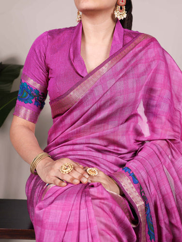 Pink Printed Chanderi Saree with Zari Weaving Work | Polyester Viscose Clothsvilla