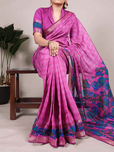Pink Printed Chanderi Saree with Zari Weaving Work | Polyester Viscose Clothsvilla