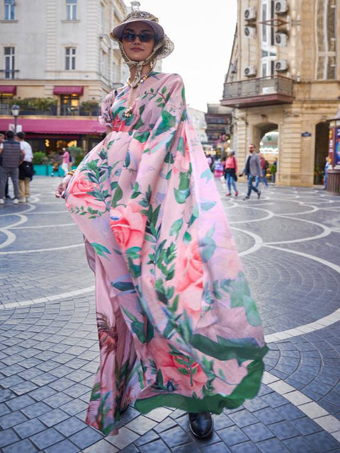 Pink Printed Elegant Crepe Silk Saree with Digital Print – Party & Traditional Wear ClothsVilla Main image