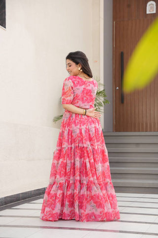 Pink Printed Faux Georgette Gown with Fancy V-Neck | Full Cotton Lining | Ready to Wear ClothsVilla