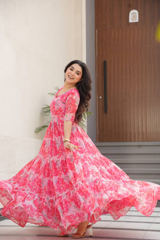 Pink Printed Faux Georgette Gown with Fancy V-Neck | Full Cotton Lining | Ready to Wear ClothsVilla