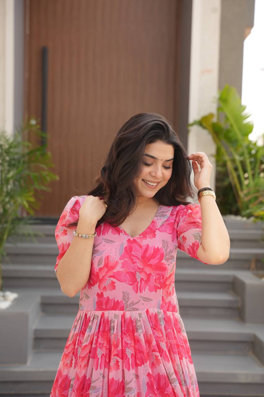 Pink Printed Faux Georgette Gown with Fancy V-Neck | Full Cotton Lining | Ready to Wear ClothsVilla