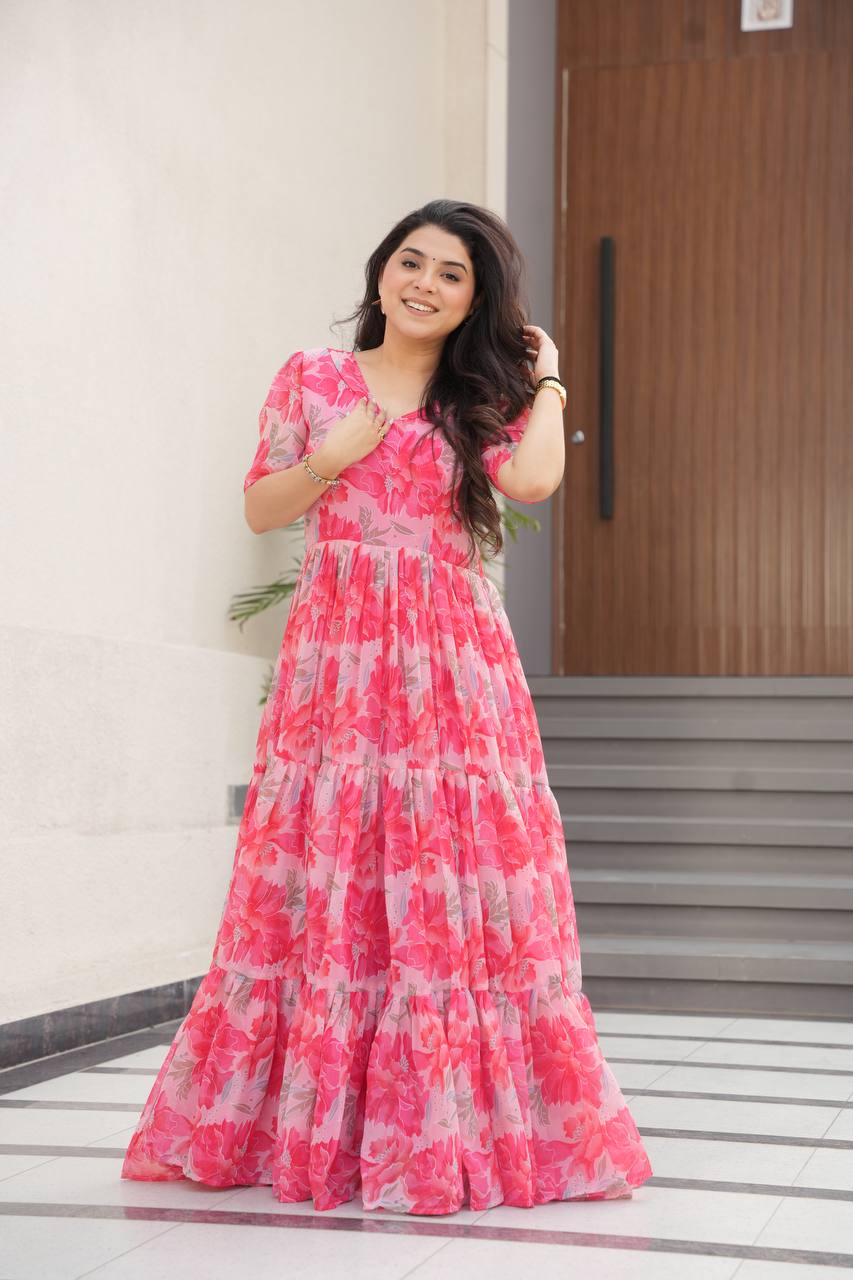Pink Printed Faux Georgette Gown with Fancy V-Neck | Full Cotton Lining | Ready to Wear ClothsVilla Main image