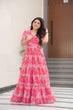 Load image into Gallery viewer, Pink Printed Faux Georgette Gown with Fancy V-Neck | Full Cotton Lining | Ready to Wear ClothsVilla