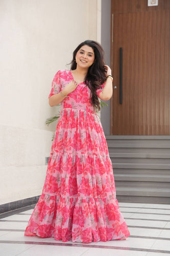 Pink Printed Faux Georgette Gown with Fancy V-Neck | Full Cotton Lining | Ready to Wear ClothsVilla