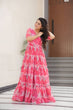Load image into Gallery viewer, Pink Printed Faux Georgette Gown with Fancy V-Neck | Full Cotton Lining | Ready to Wear ClothsVilla