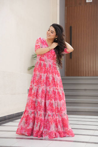 Pink Printed Faux Georgette Gown with Fancy V-Neck | Full Cotton Lining | Ready to Wear ClothsVilla