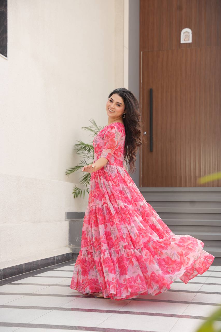 Pink Printed Faux Georgette Gown with Fancy V-Neck | Full Cotton Lining | Ready to Wear ClothsVilla