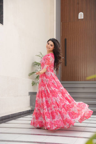 Pink Printed Faux Georgette Gown with Fancy V-Neck | Full Cotton Lining | Ready to Wear ClothsVilla