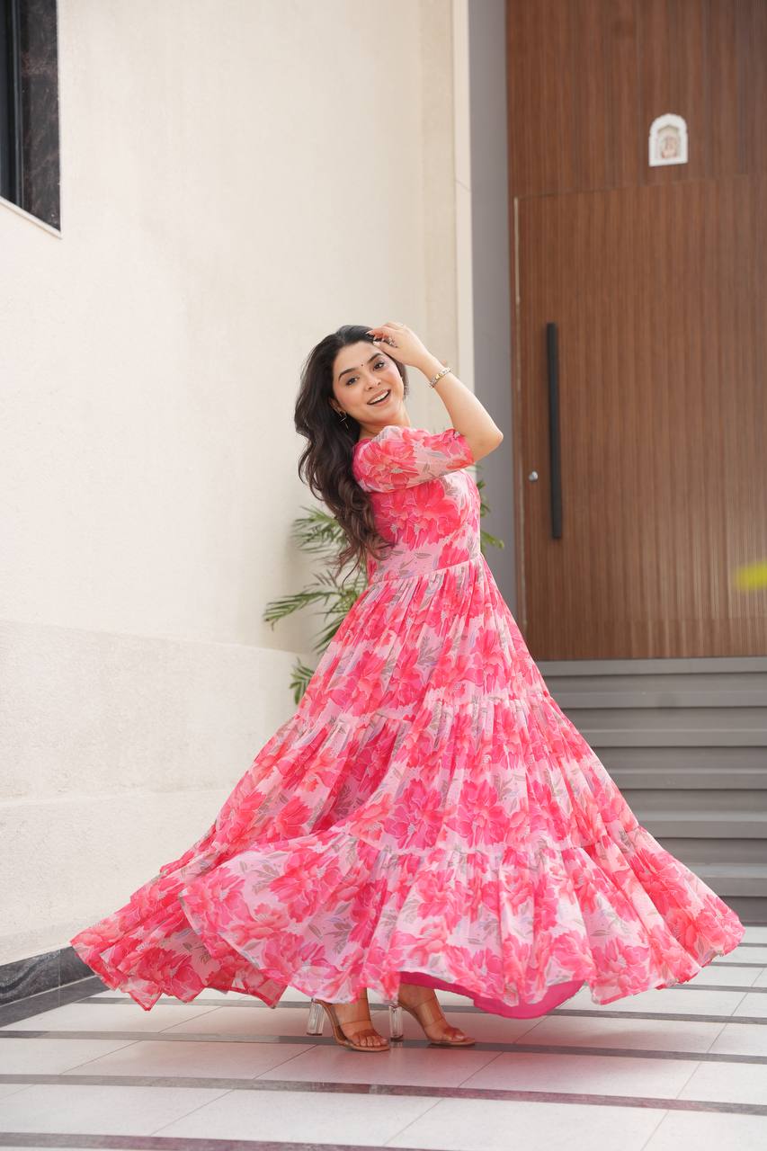 Pink Printed Faux Georgette Gown with Fancy V-Neck | Full Cotton Lining | Ready to Wear ClothsVilla