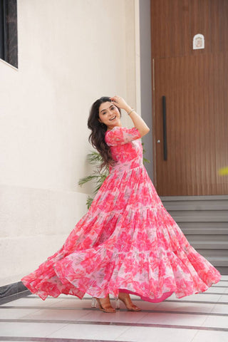 Pink Printed Faux Georgette Gown with Fancy V-Neck | Full Cotton Lining | Ready to Wear ClothsVilla