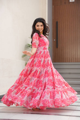 Pink Printed Faux Georgette Gown with Fancy V-Neck | Full Cotton Lining | Ready to Wear ClothsVilla